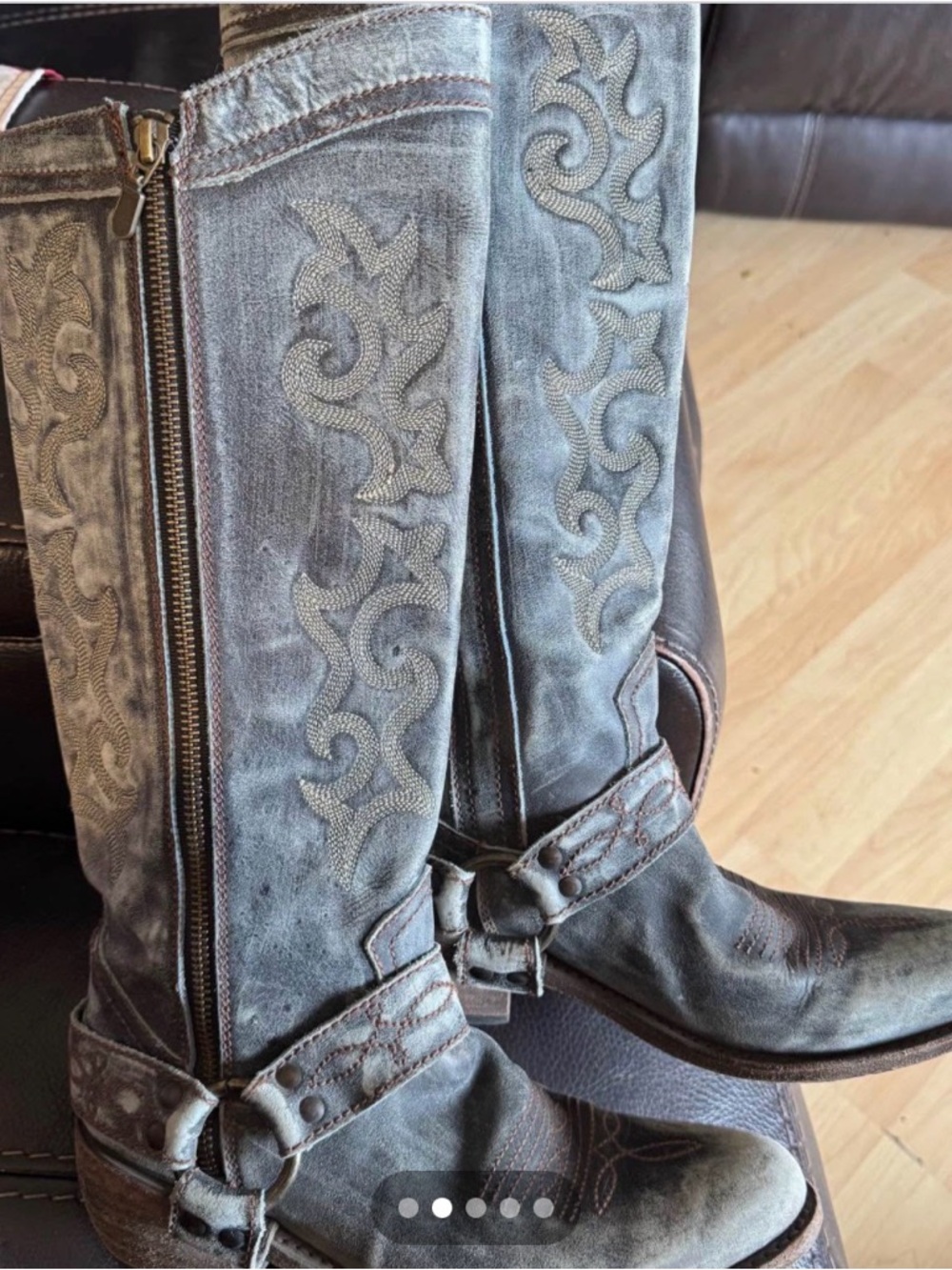 Women’s Distressed Grey /Teal Embroidered Leather Heeled Riding Boots